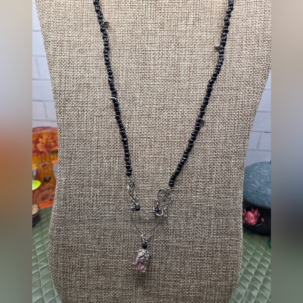 996.  Seed Bead Necklace With Glass Drop And Steel Tone Heart Necklace